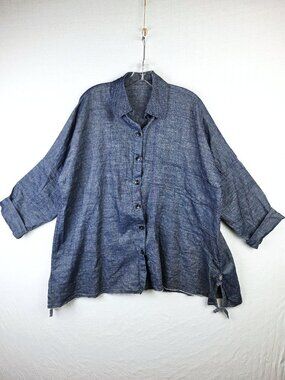 SKIF Tunic Top Linen Cotton Button-Up Shirt Oversized Lagenlook Navy O/S USA